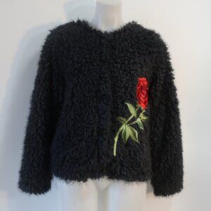 NWT Womens Moving Forward Black Red Rose Faux Furry Jacket S